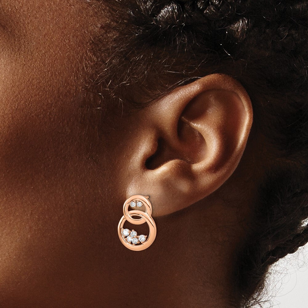 14k Rose Gold Polished Diamond Double Circle Drop & Dangle Earrings