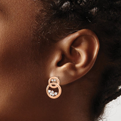 14k Rose Gold Polished Diamond Double Circle Drop & Dangle Earrings