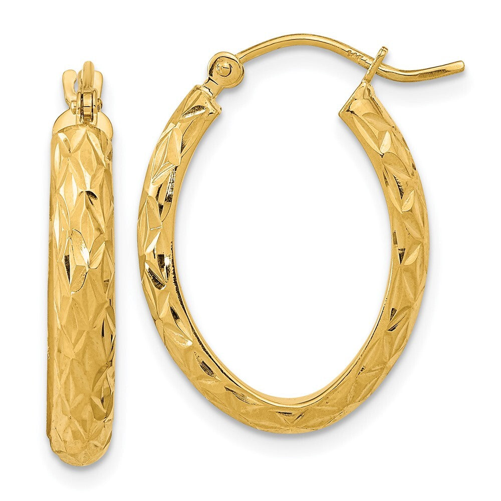 14k Yellow Gold Polished Diamond-cut Fancy Oval Hoop Earrings Gift for Women