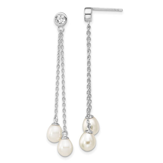 Sterling Silver 6-7mm Rice Cultured Pearl & Cubic Zirconia Post Dangle Earrings