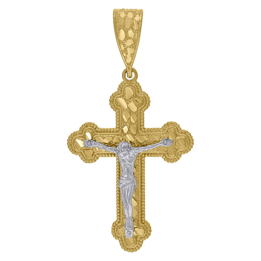 10kt Gold Two-Tone Diamond-Cut Nugget Cross Crucifix Religious Charm Pendant