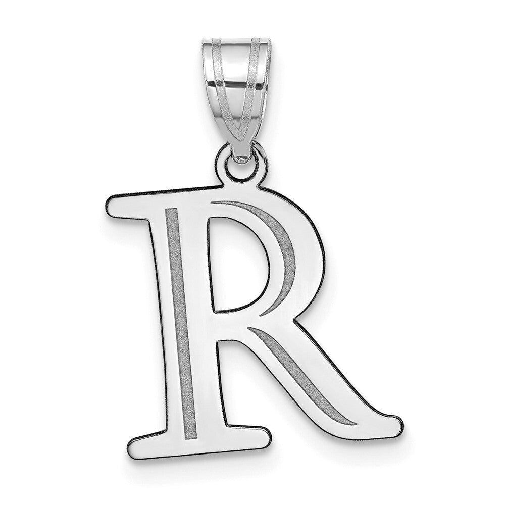 14k White Gold Polished Etched Letter R Initial Pendant for Women