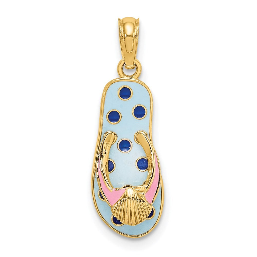 14k Yellow Gold 3D Enamel Shell On Blue Polka-Dot Flip-Flop Charm Pendant