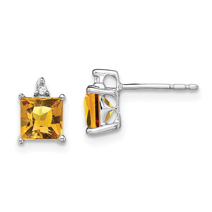 14k White Gold Princess Citrine and Diamond Stud Earrings
