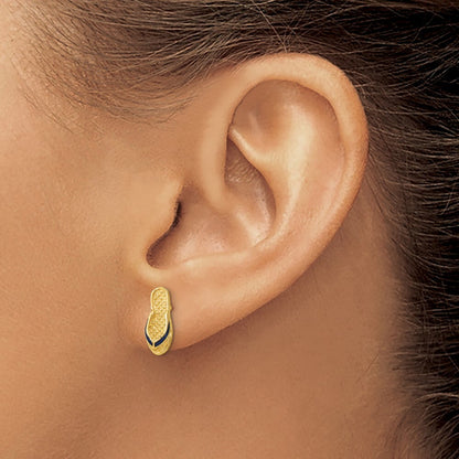 14k Yellow Gold 3D Blue Enamel Single Flip-Flop Stud Earrings Gift for Women