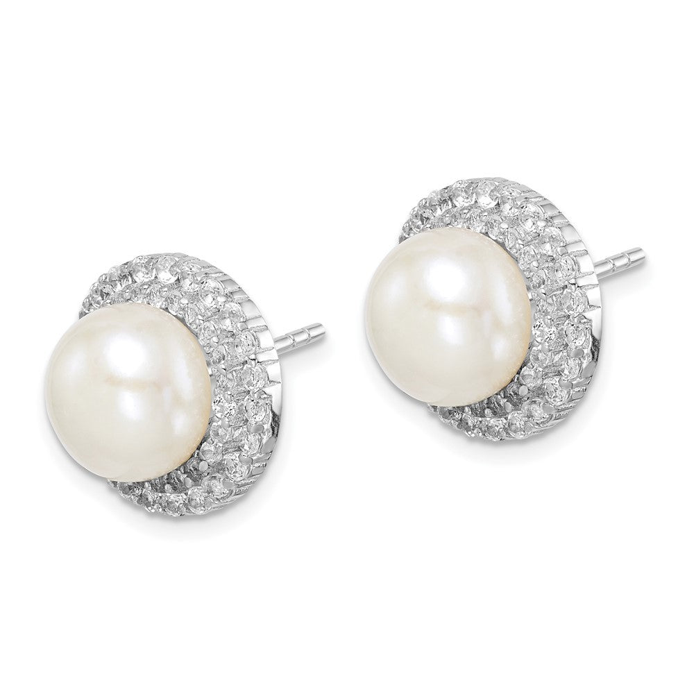 Sterling Silver 8-9mm White Button Cultured Pearl and CZ Post Earrings
