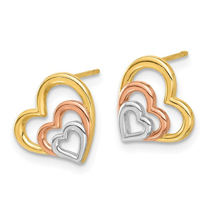 14k Yellow Gold with Rose and White Rhodium Polished Heart Earrings