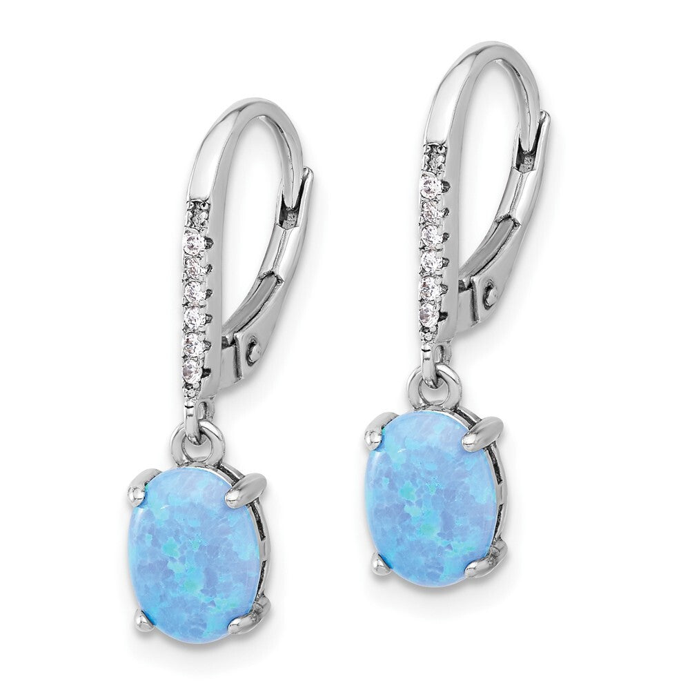 Sterling Silver Cubic Zirconia & Oval Blue Cr. Opal Leverback Dangle Earrings