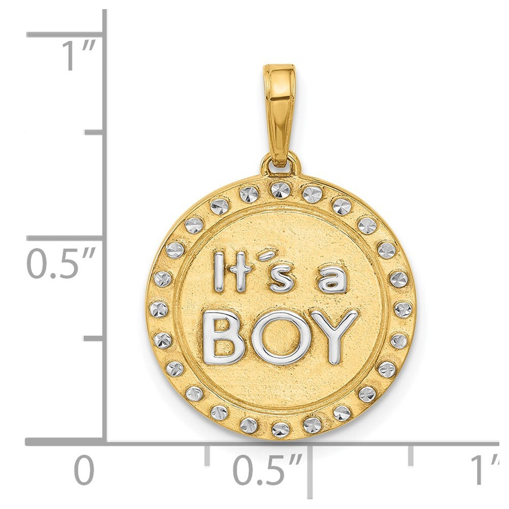 14k Yellow Gold and White Rhodium Diamond-Cut It's A Boy Pendant for Women