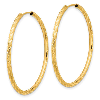 14k Yellow Gold Polished and Satin Diamond-Cut 2mm Endless Hoop Earrings
