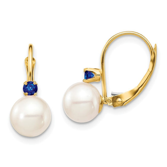 14k Yellow Gold 7-7.5mm Cultured Pearl & Sapphire Leverback Earrings for Women