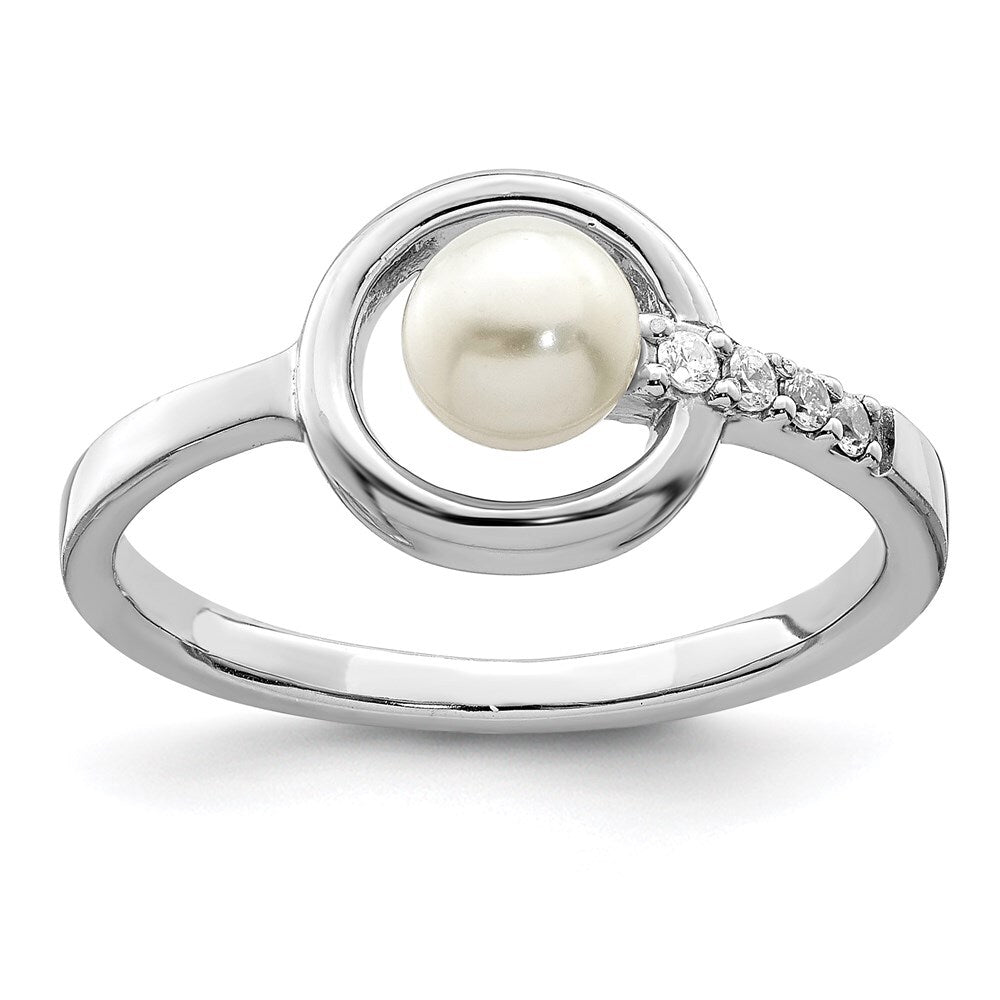 Sterling Silver Cubic Zirconia 5-6mm Button FWC Pearl in Circle Ring SZ 6