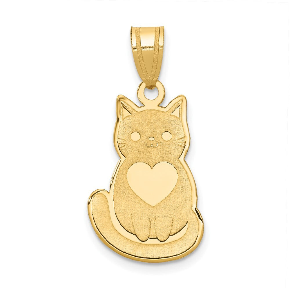 14k Yellow Gold Laser Cut Cat with Heart Charm Pendant for Women