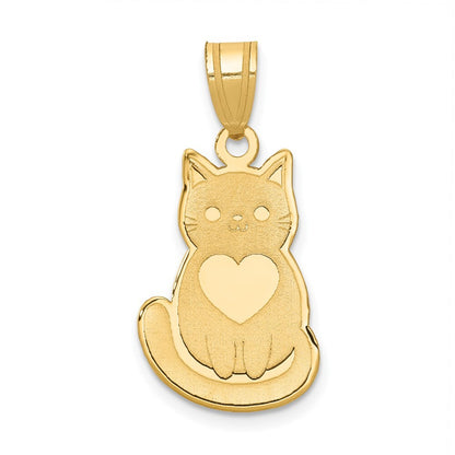 14k Yellow Gold Laser Cut Cat with Heart Charm Pendant for Women