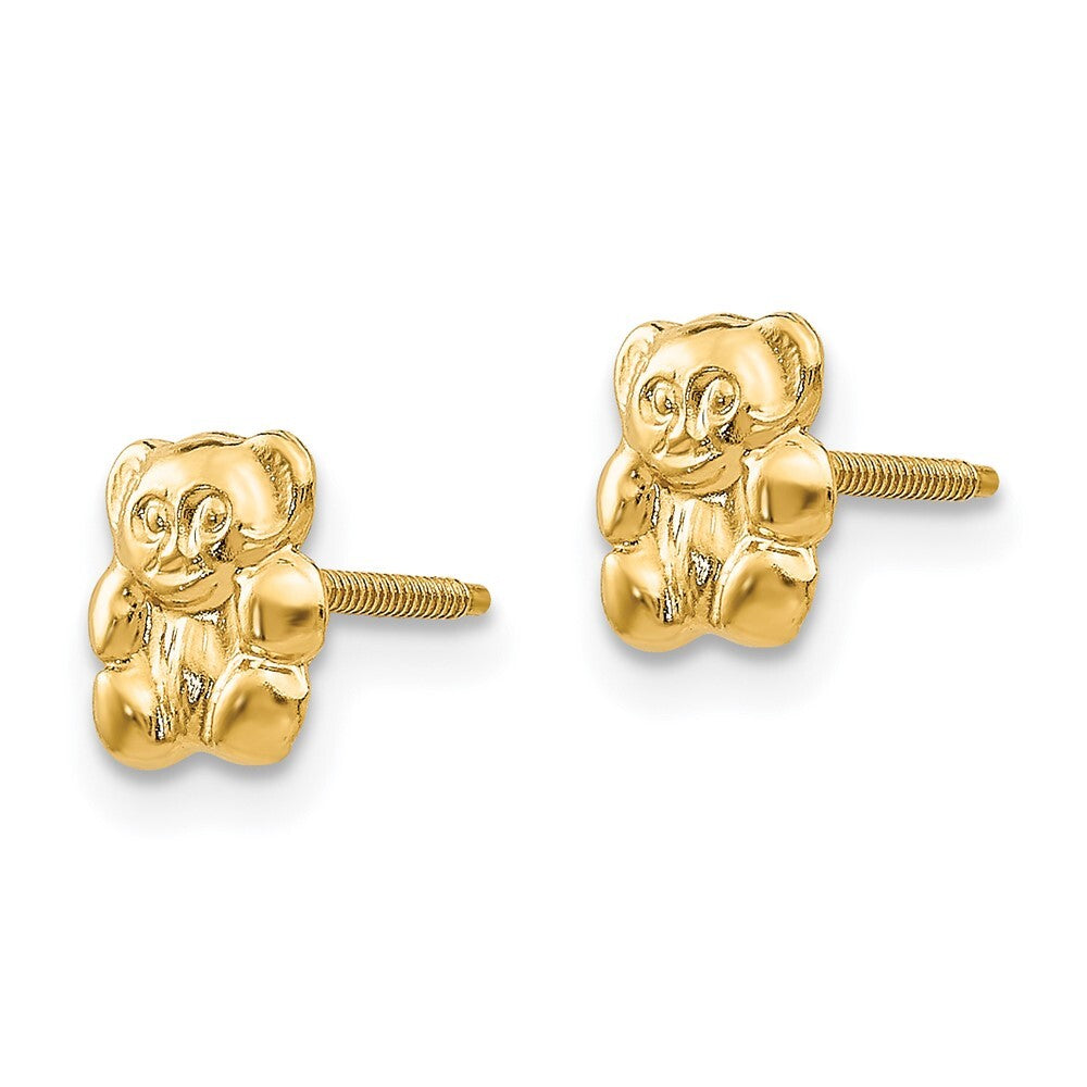 14k Yellow Gold Polished Teddy Bear Screwback Stud Earrings Gift for Women