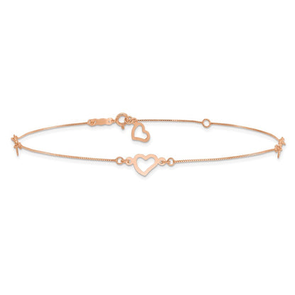 14K Rose Gold Fancy Open Hearts 3-Station 10" Anklet