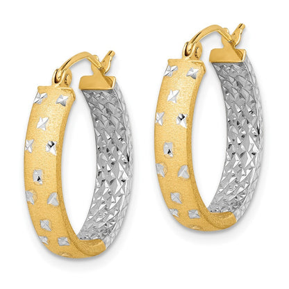 14k Yellow Gold w/White Rhodium Satin Polished Diamond-cut In/Out Hoop Earrings