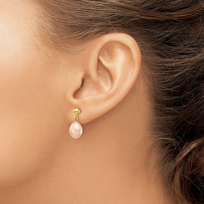 14k Yellow Gold 7-8mm Pink Rice Freshwater Cultured Pearl Dangle Earrings