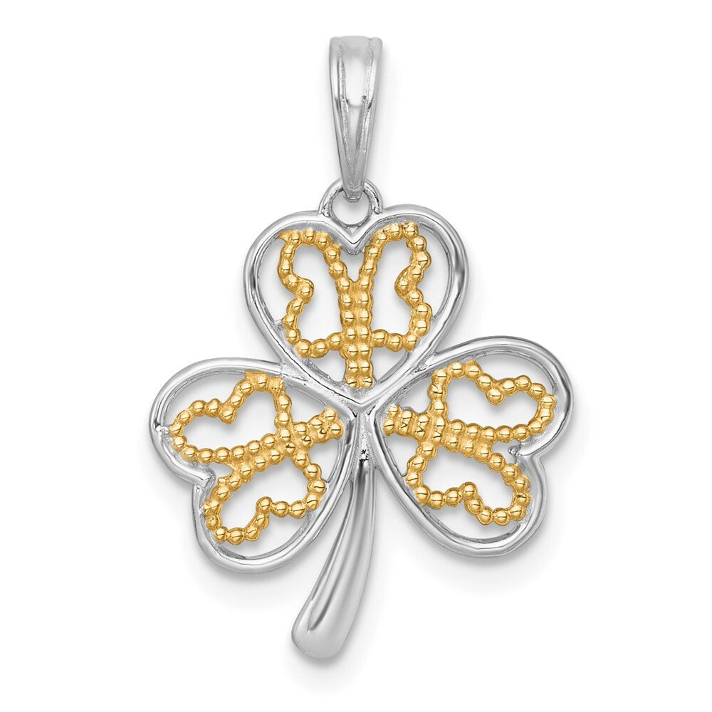 14k Yellow Gold with White Rhodium Polished Fancy 3 Leaf Clover Charm Pendant