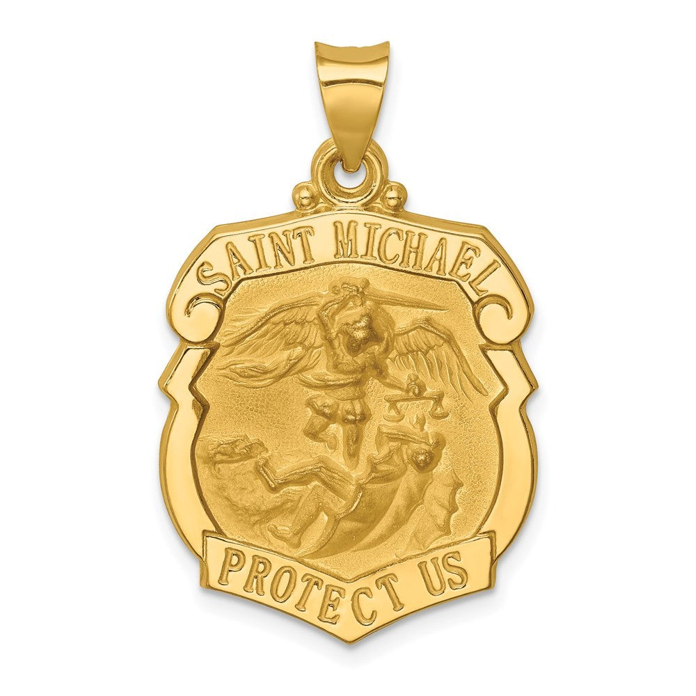 14k Yellow Gold Polished and Satin St. Michael Badge Medal Hollow Pendant