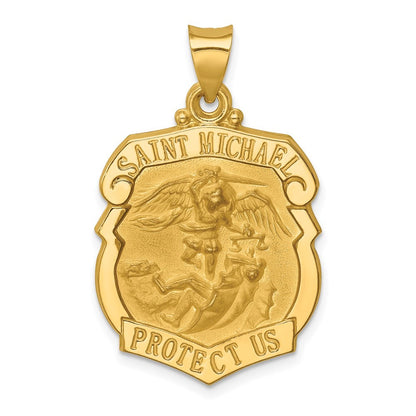 14k Yellow Gold Polished and Satin St. Michael Badge Medal Hollow Pendant