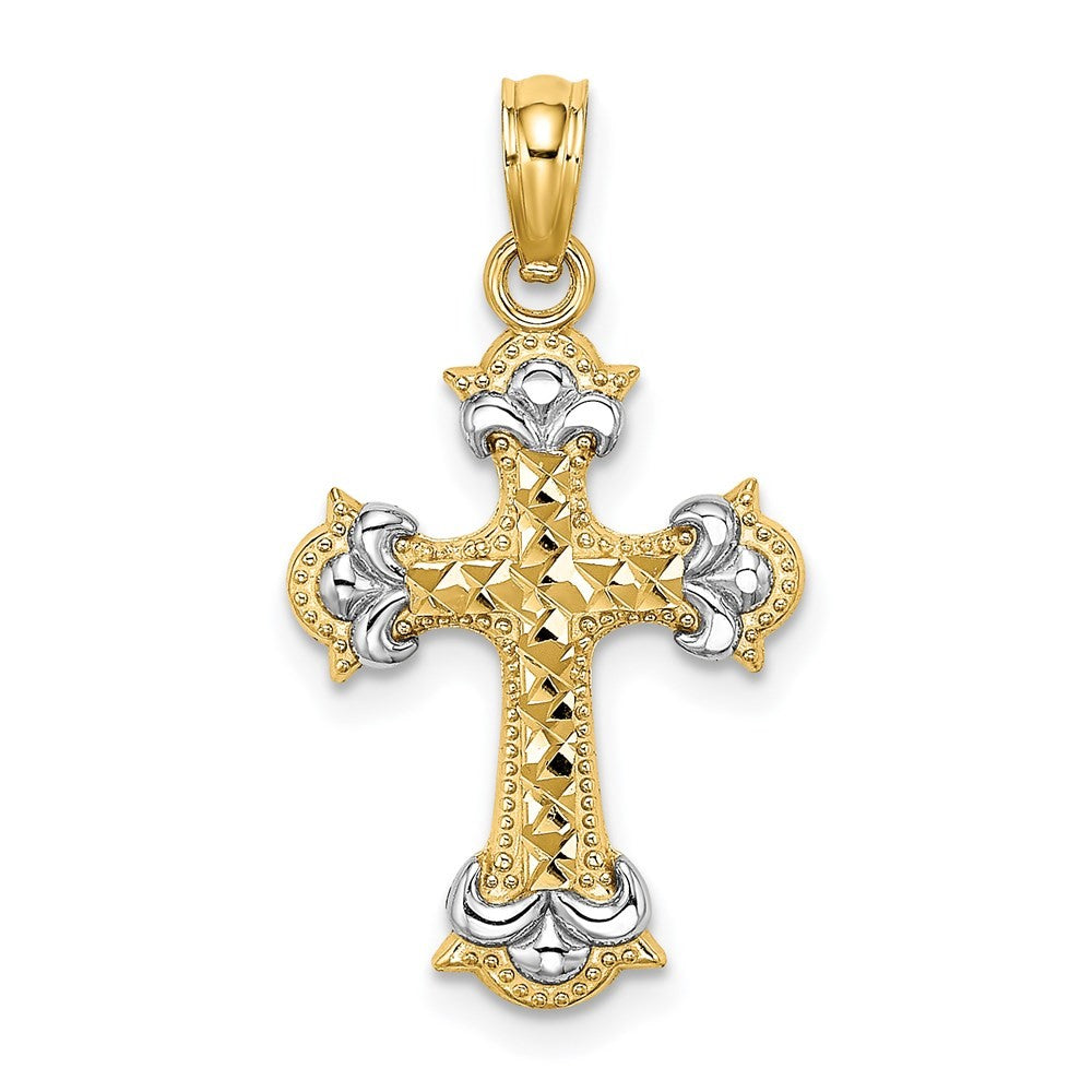 14k Yellow Gold W/ Rhodium and Diamond-Cut Fleur-De-Lis Cross Charm