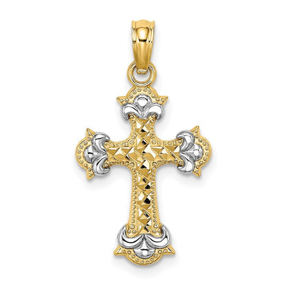 14k Yellow Gold W/ Rhodium and Diamond-Cut Fleur-De-Lis Cross Charm