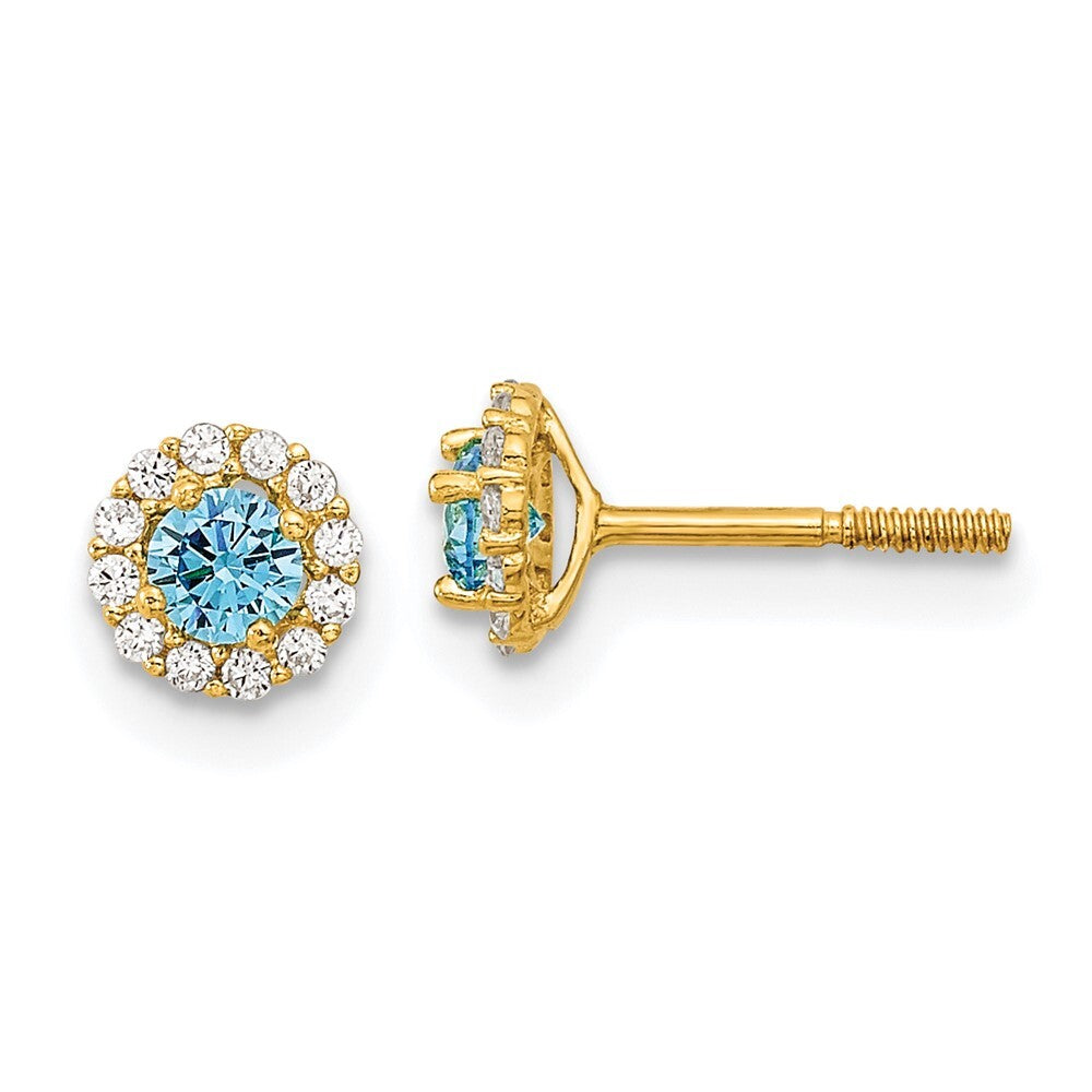 14k Yellow Gold Polished Blue and Clear Cubic Zirconia Stud Earrings