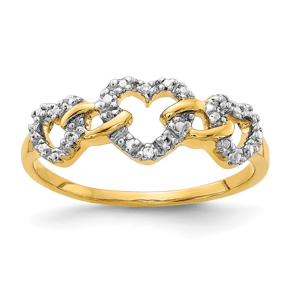 14K Yellow Gold Diamond Triple Heart Ring Size 7