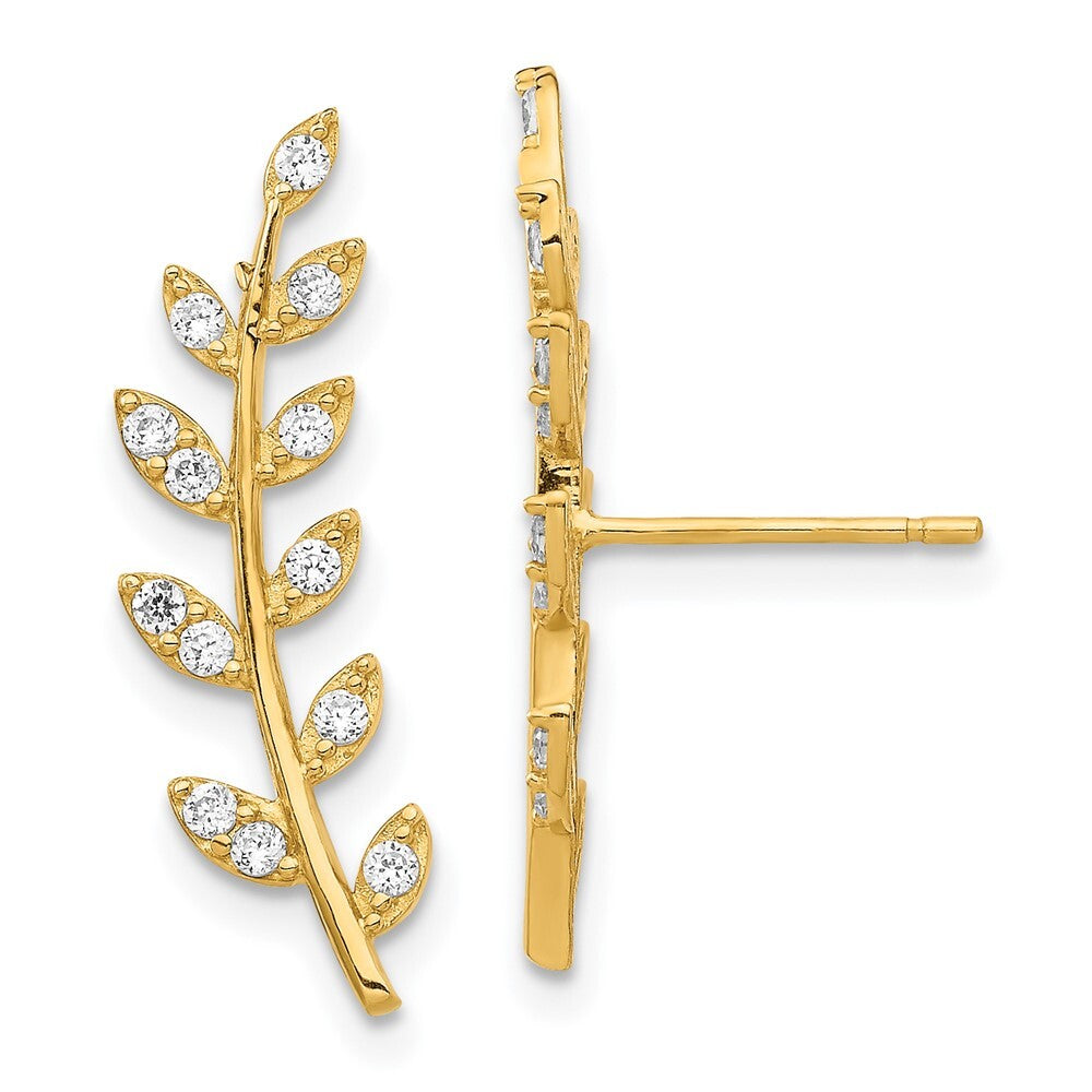 14k Yellow Gold Cubic Zirconia Fern Ear Climber Stud Earrings Gift for Women
