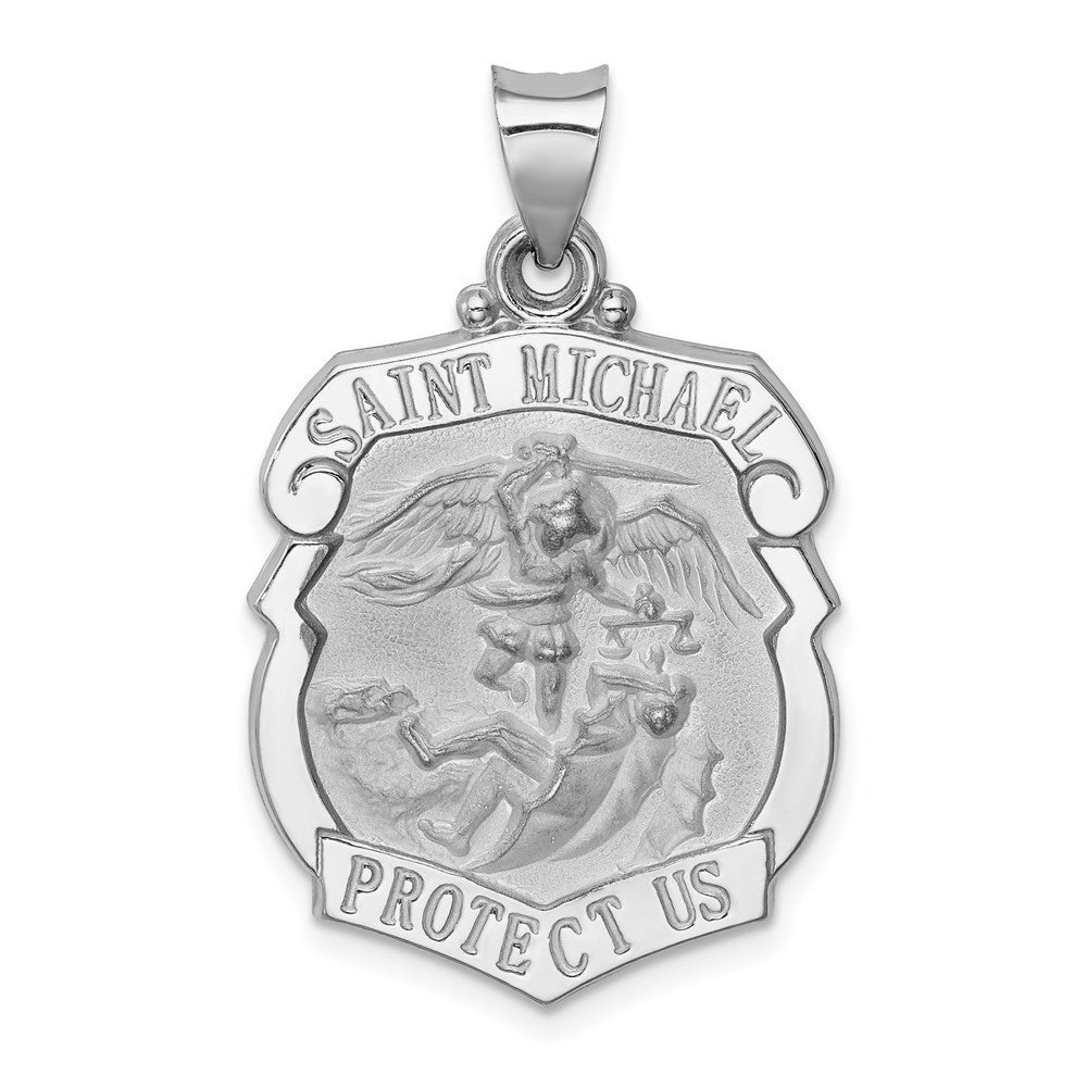14K White Gold Polish Satin St Michael Badge Medal Hollow Pendant