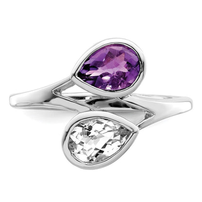 Sterling Silver Rhodium-plated Pear Shape Amethyst & White Topaz Ring Size 6