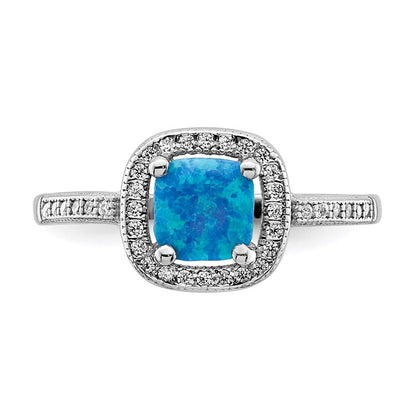 Sterling Silver Rhodium-plated Square Blue Created Opal CZ Ring