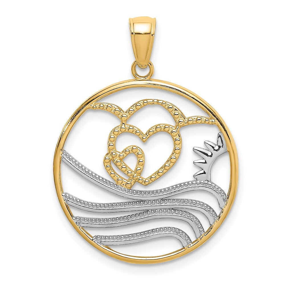 14k Yellow Gold Rhodium Sun, Hearts ,Water Circle Charm Pendant for Women