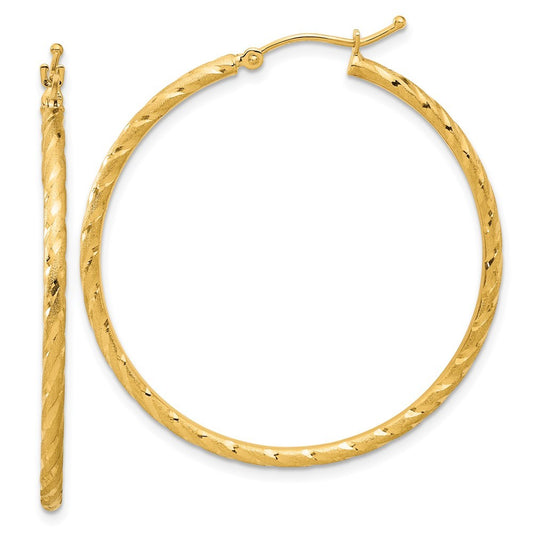 14k Yellow Gold Polished and Satin Diamond-Cut 2mm Hoop Earrings