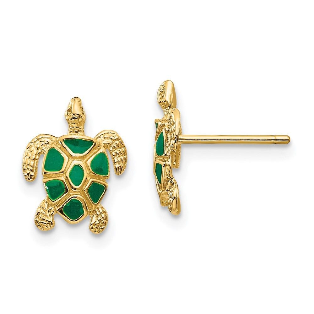 14k Yellow Gold Green Enameled Sea Turtle Earrings