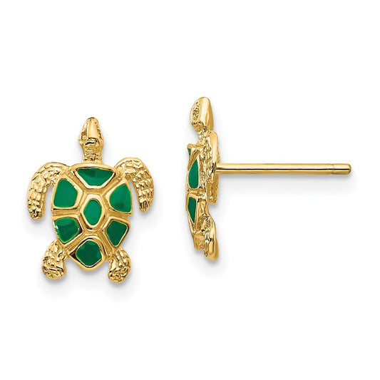 14k Yellow Gold Green Enameled Sea Turtle Earrings
