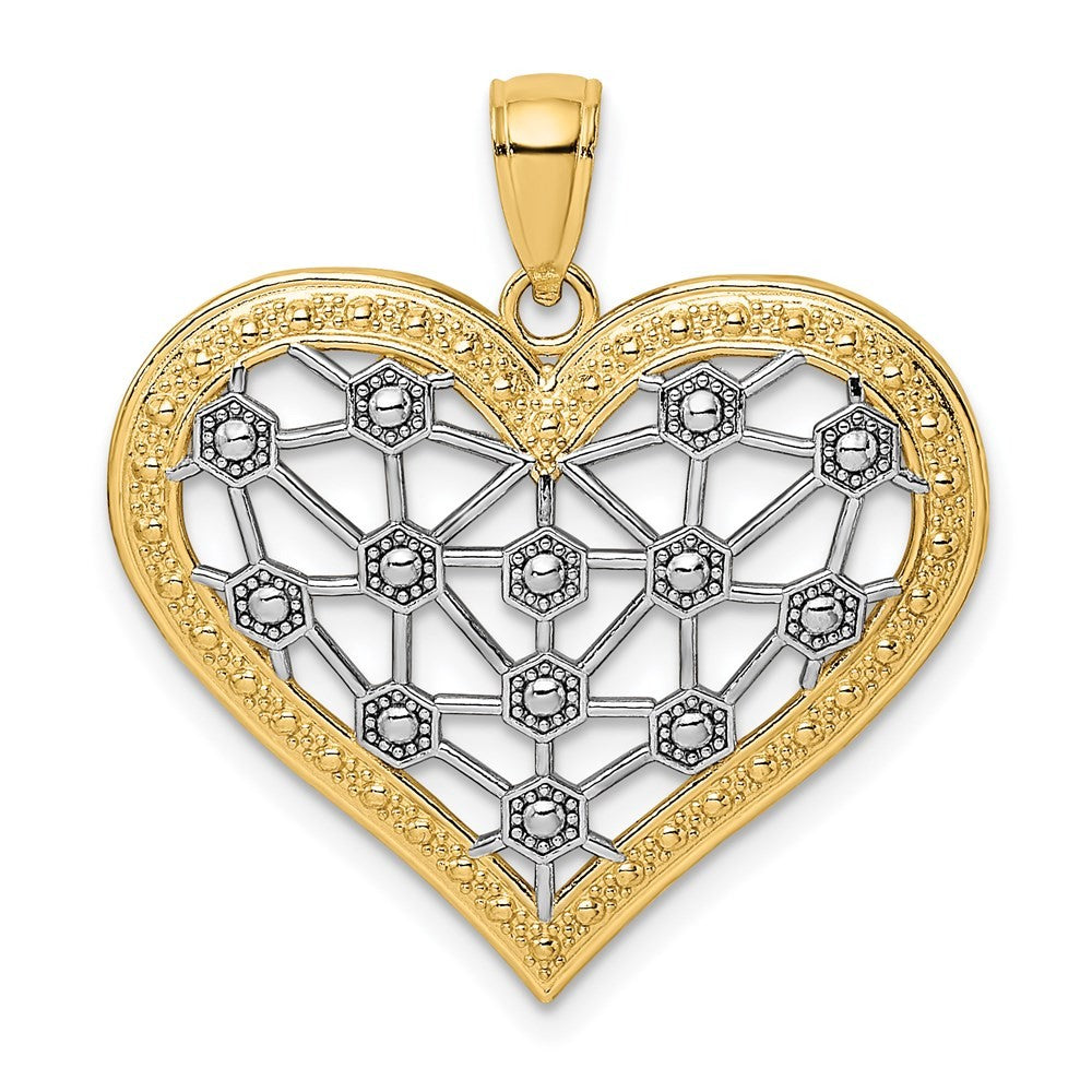 14k Yellow Gold Rhodium Lattice Center Heart Charm Pendant