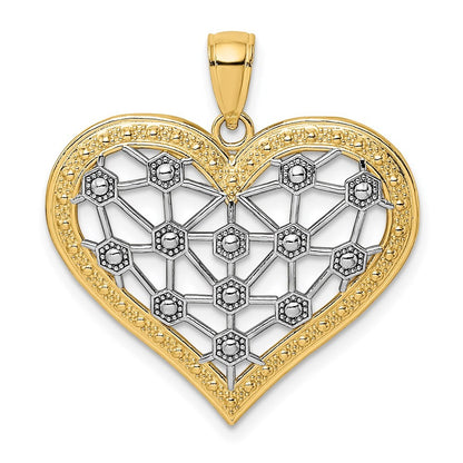 14k Yellow Gold Rhodium Lattice Center Heart Charm Pendant