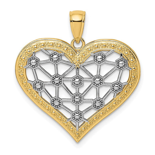 14k Yellow Gold Rhodium Lattice Center Heart Charm Pendant