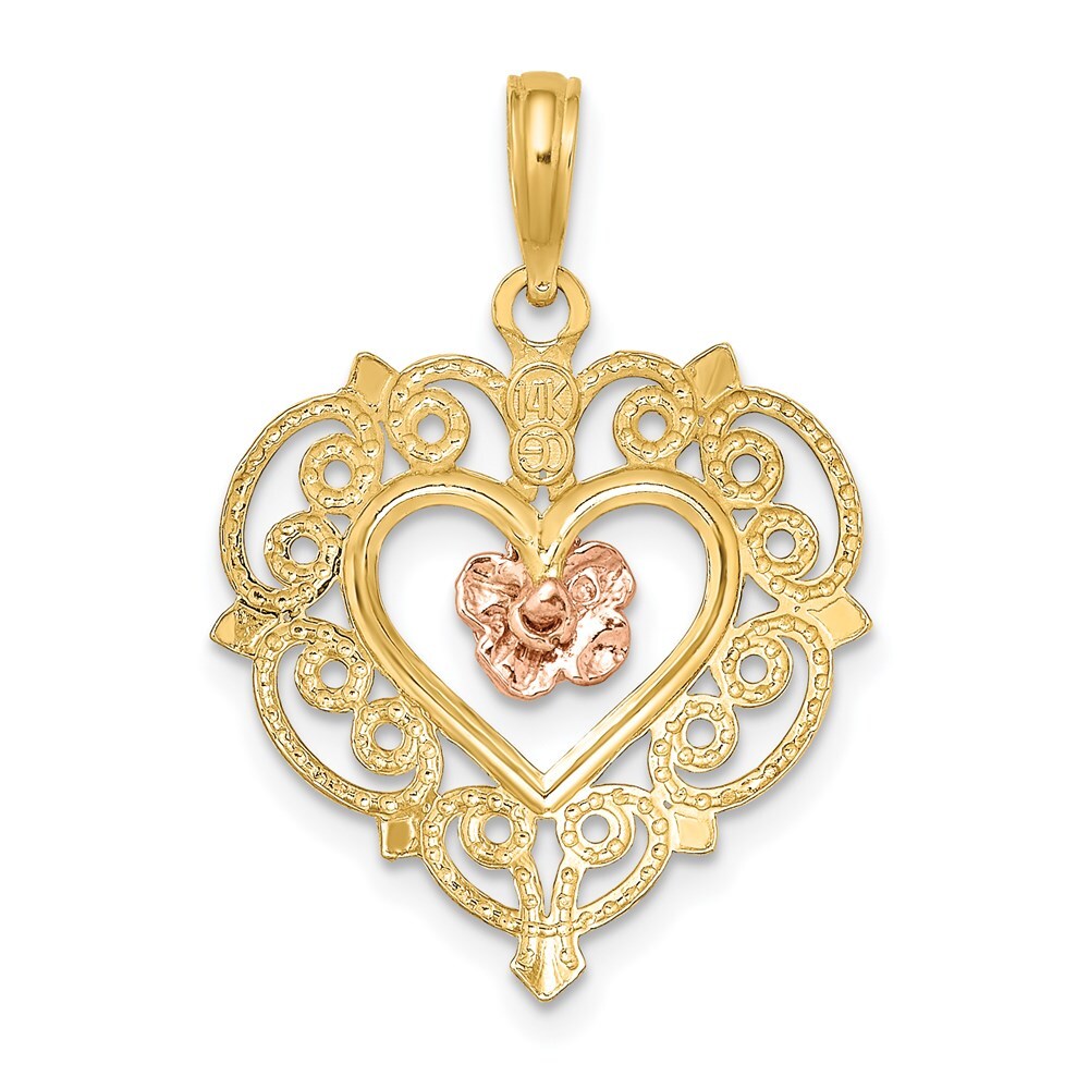 14k Two-tone Gold Rose and Flower and Heart Charm Pendant for Women