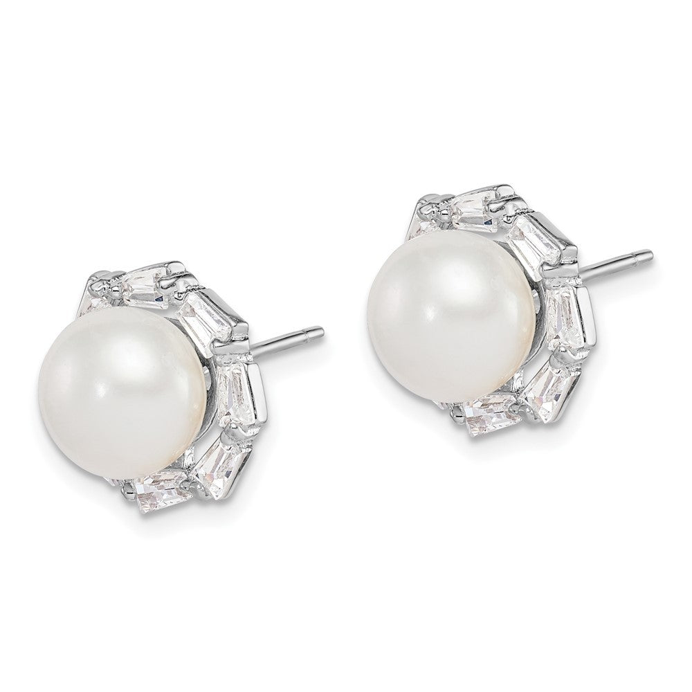 Sterling Silver 8-9mm Freshwater Cultured Pearl and CZ Earrings