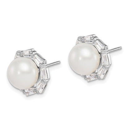 Sterling Silver 8-9mm Freshwater Cultured Pearl and CZ Earrings