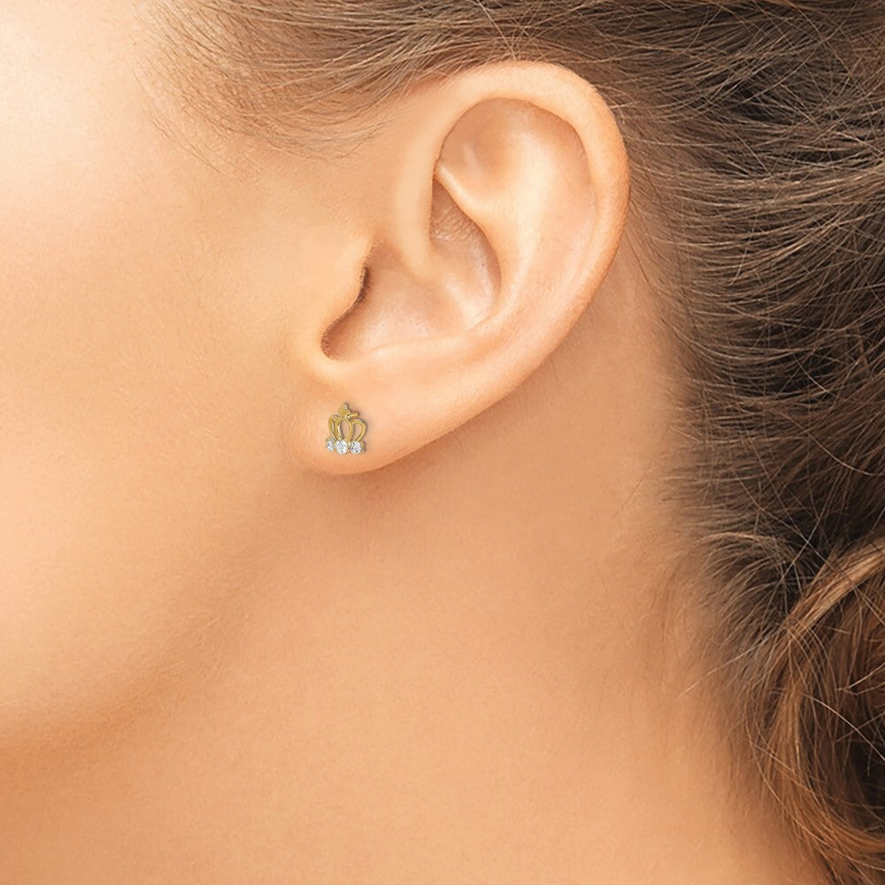14k Yellow Gold Cubic Zirconia Crown Stud Earrings Gift for Women