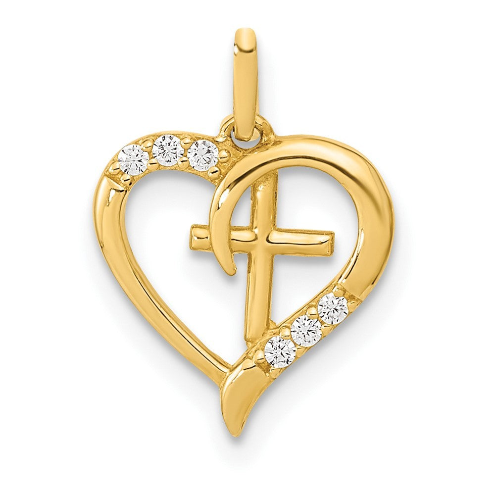 14k Yellow Gold Polished Open Heart with Cross and CZ Pendant