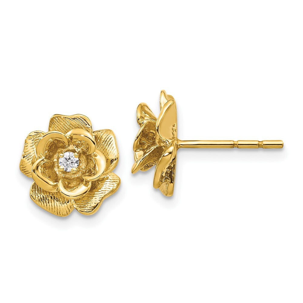 14k Yellow Gold Gold AA Diamond Flower Stud Earrings
