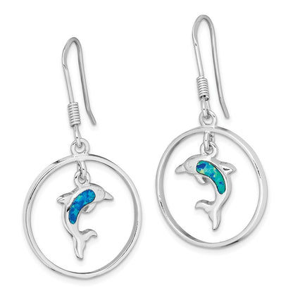Sterling Silver Polished Created Blue Opal Dolphin Dangle Earrings