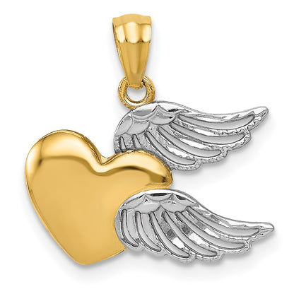 14k Yellow Gold and White Rhodium Polished Heart with Wings Pendant