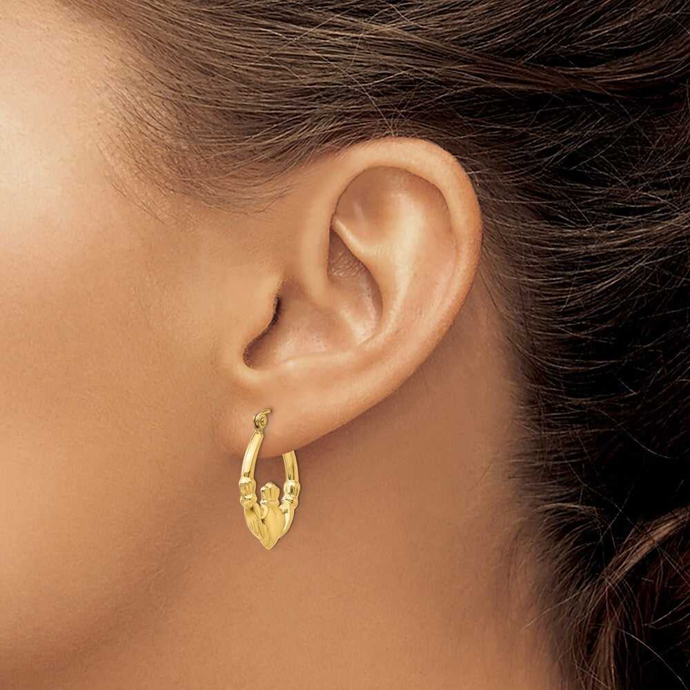 14k Yellow Gold Polished Claddagh Hoop Earrings Gift for Women