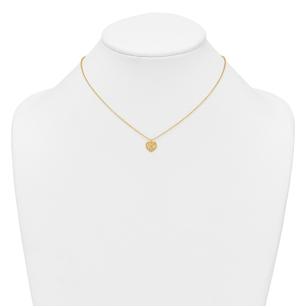 Sterling Silver Gold-tone  Beaded and Textured CZ Heart Necklace 16" with 2" Ext